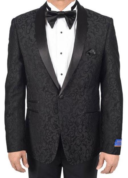 Men's Super 150's Viscose Blend 1 Button Black Tuxedo Modern Geometric Pattern Satin Shawl Lapel Dinner Jacket
