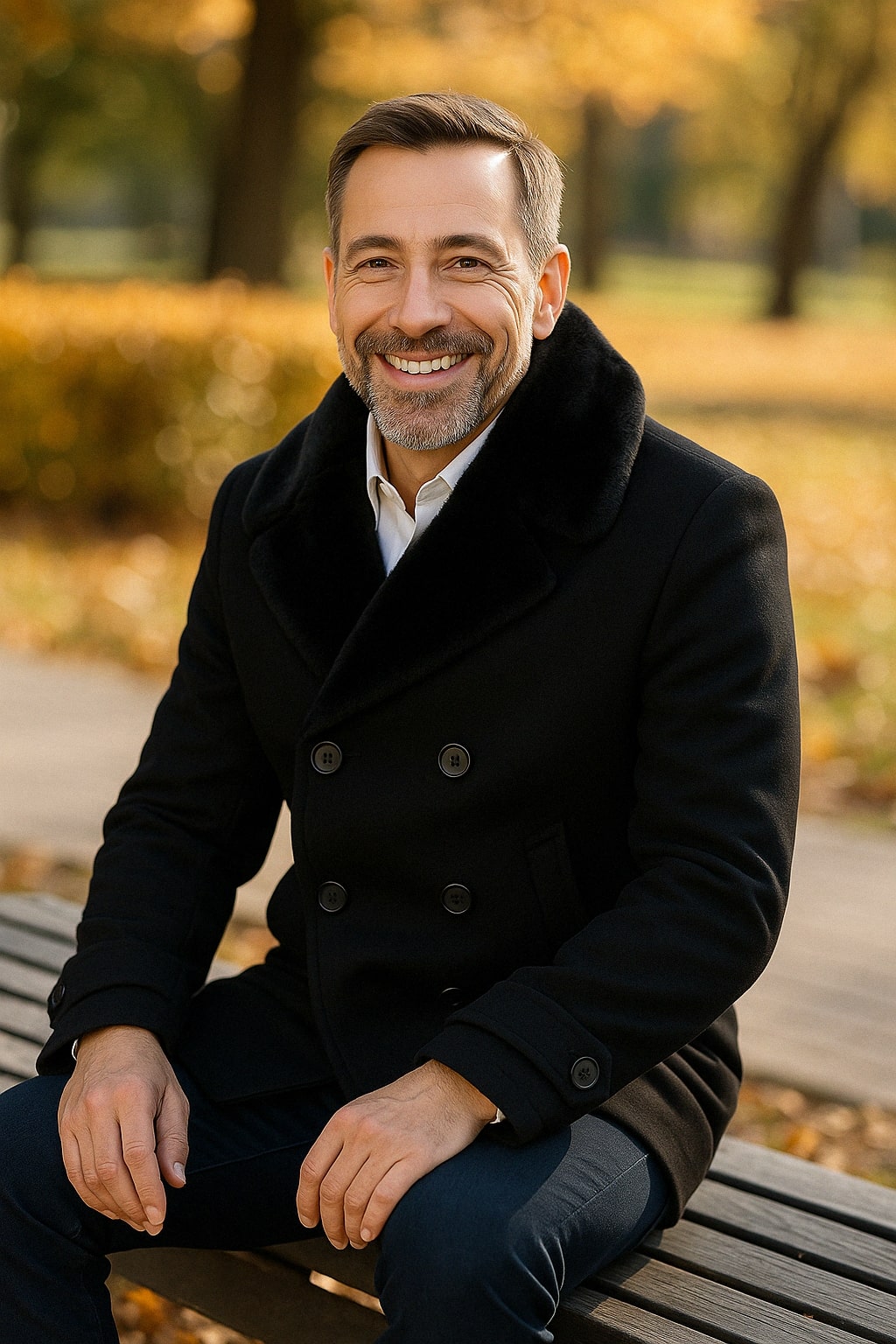 Black Wool Peacoat with Faux Fur Shawl Collar