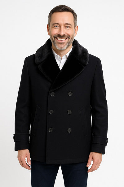 Black Wool Peacoat with Faux Fur Shawl Collar