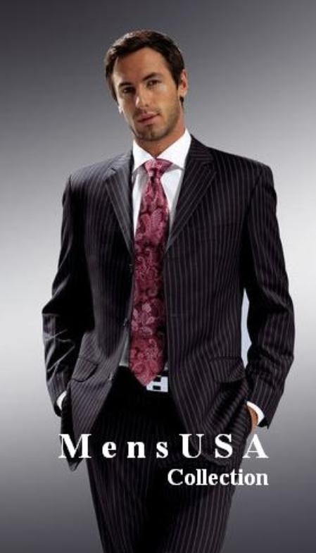 Men's Jet Black & Chalk Bold White Pinstripe Cheap Priced Business Suits Clearance Sale Party Suits year-round weight 1920's 30's Fashion Look Available in 2 or Three ~ 3 Buttons Style Regular Classic Cut