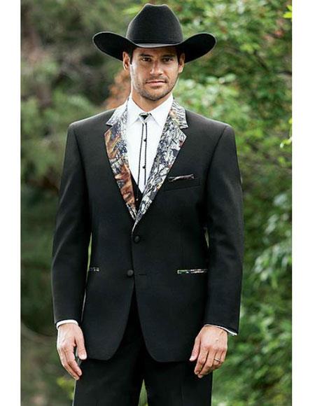 Men's Black Tuxedo Camouflage Suit Camo Tux Pattern On with trimmed pockets