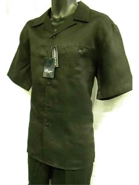 Men's 2 Piece Linen Short Sleeve Black Casual Big Size Casual Two Piece Mens Walking Outfit For Sale Pant Sets Suit