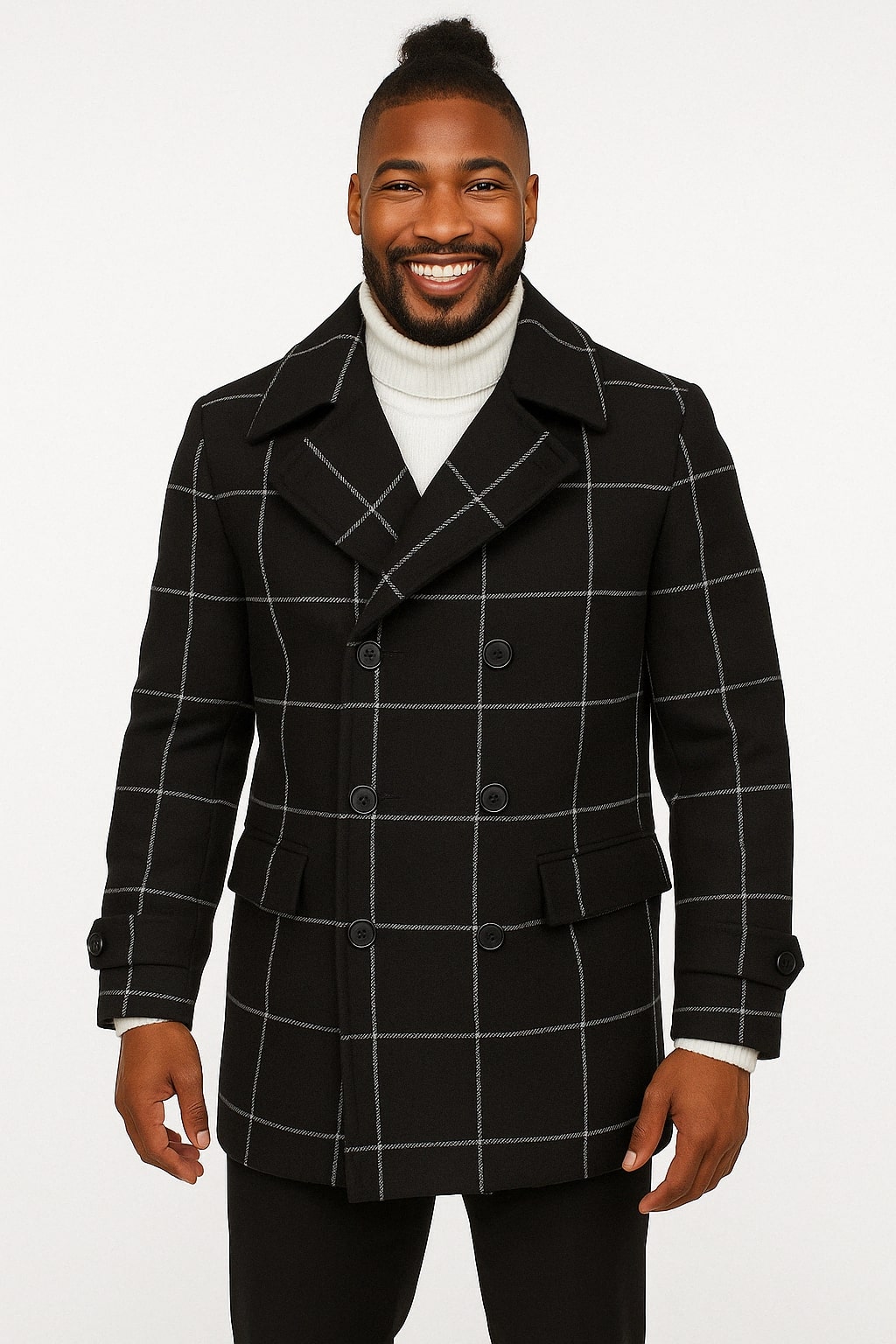Black Windowpane Double-Breasted Wool Overcoat