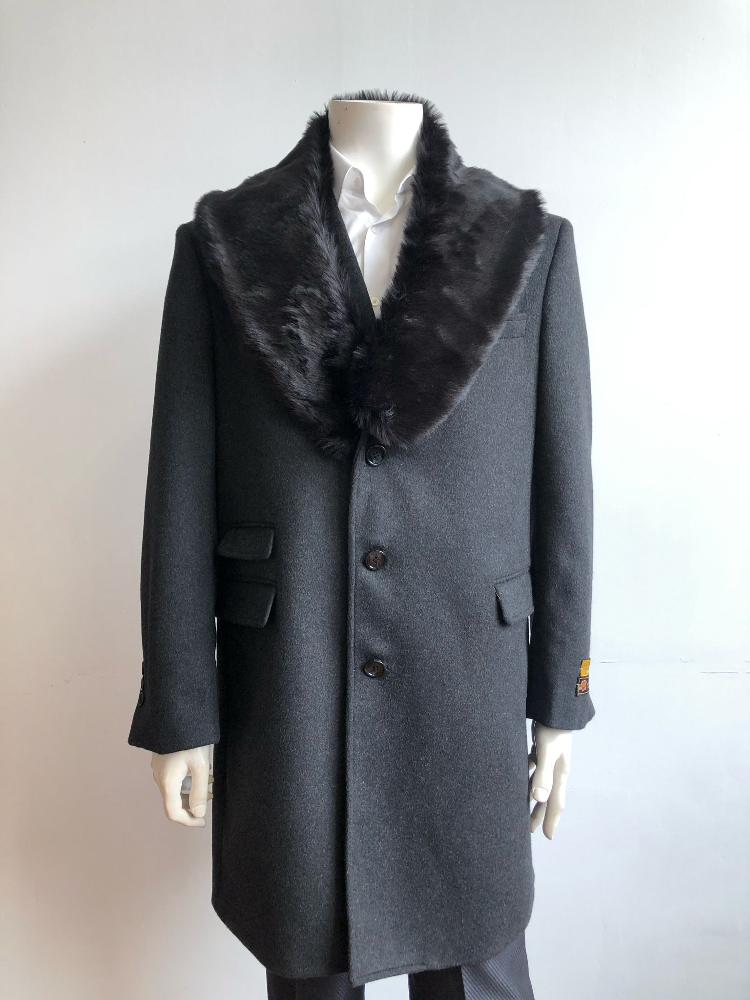 Black Wool Overcoat with Faux Fur Collar