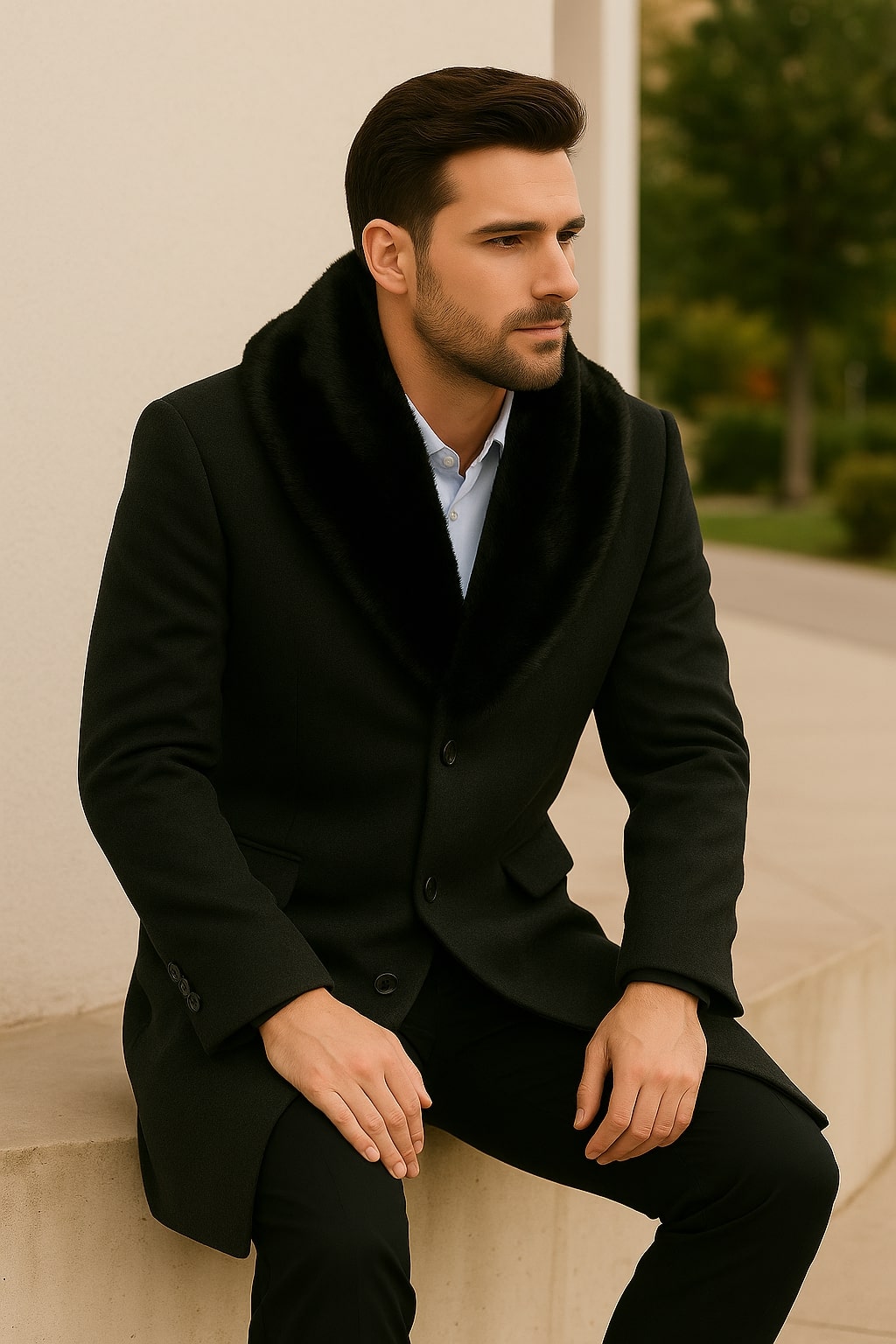 Black Wool Overcoat with Faux Fur Collar