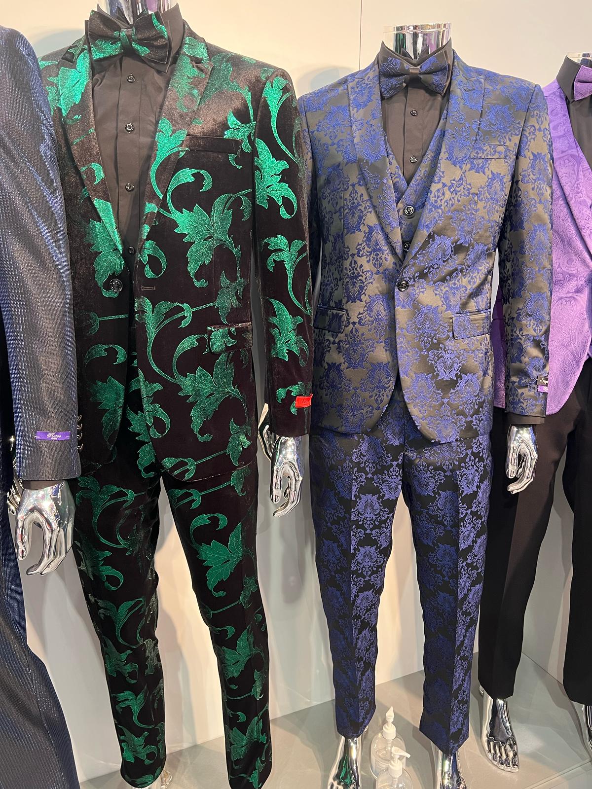 Black & Green Velvet Floral Slim Tuxedo 2-Piece