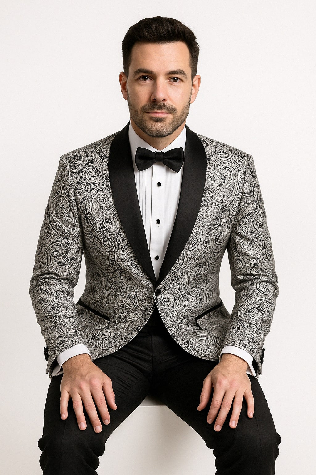 Black & Silver Paisley Satin Tuxedo Set