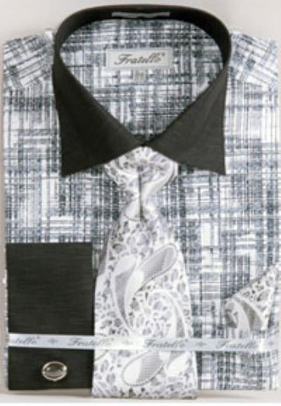 Fratello Tone on Tone French Cuff Set Black/White Men's Dress Shirt