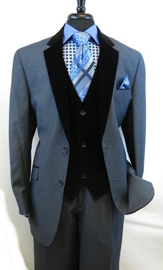 Men's Blue Velour Velvet Suit Vested Two Button Side Vents Tuxedo Black 2 toned Suit