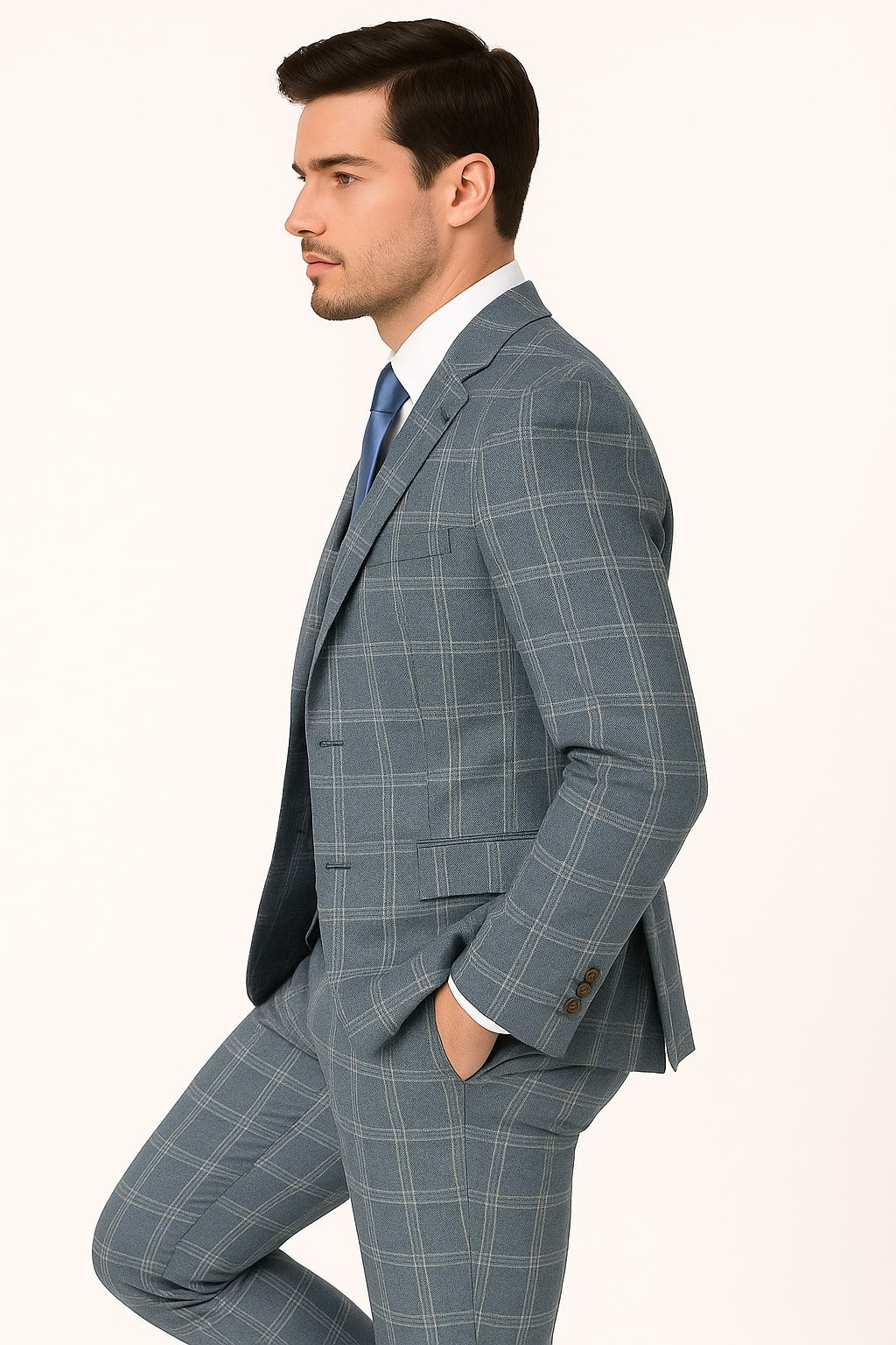 Blue Windowpane Slim 3 Piece Suit - Stretch Fit