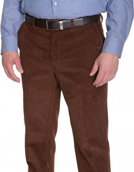 Mens Vicuna Corduroy Brown Cotton Flat Front Formal Dressy Pant