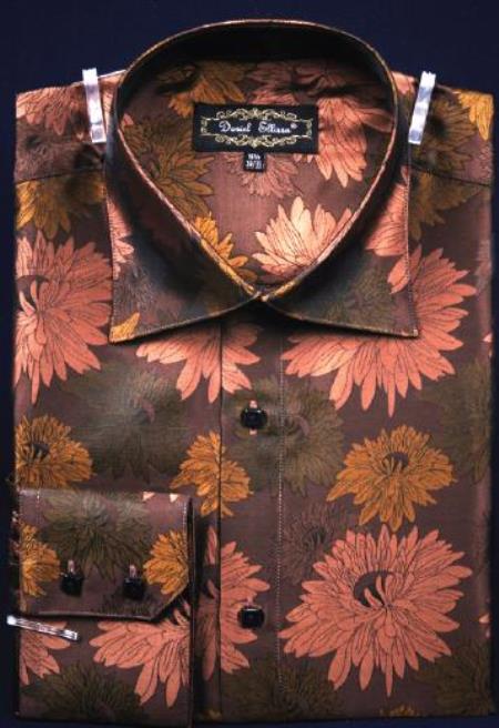 Fancy Polyester Dress Fashion Shirt With Button Cuff Brown Men's Dress Shirt Night Club Outfit guys Wear For Men Clothing Fashion