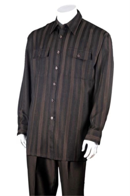 Men's Brown 100% Polyester Striped Design Two Piece Casual Two Piece Walking Outfit For Sale Pant Sets Suit