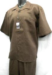 Casual Two Piece Mens Walking Outfit For Sale Pant Sets suits casual two piece sets Mens Chest Pocket Solid Brown Mens Linen Suit - Short Set Short sleeve Shirt + Pants