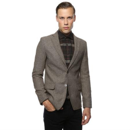 Men's Skinny Cut Tweed Windowpane Pattern Brown and Grey Herringbone Tweed Blazer