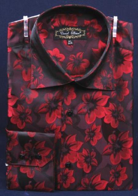 Burgundy ~ Wine ~ Maroon Fancy Polyester With Button Cuff Men's Dress Shirt Night Club Outfit guys Wear For Men Clothing Fashion