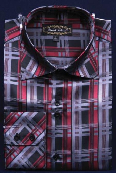 Fancy Polyester Fashion With Button Cuff Burgundy ~ Wine ~ Maroon Men's Dress Shirt Night Club Outfit guys Wear For Men Clothing Fashion