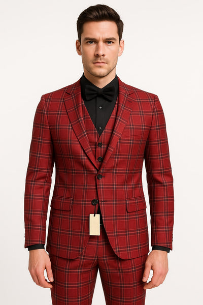 Red Tartan Christmas Suit - Holiday New Year Event Red with Gold Buttons Tuxedo Double Breasted Style
