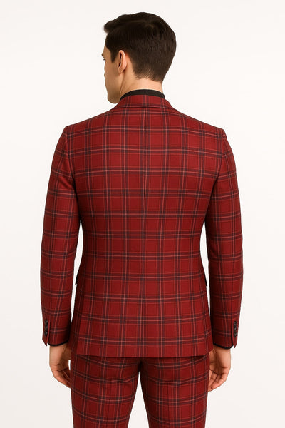 Burgundy Plaid Ultra Slim Fit Men's Three-Piece Suit