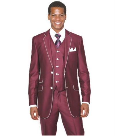 Slim Style Milano Suits by Milano Moda Men's Burgundy ~ Wine ~ Maroon Suit Shiny Flashy 3 Piece Burgundy Men's Sharkskin Suit