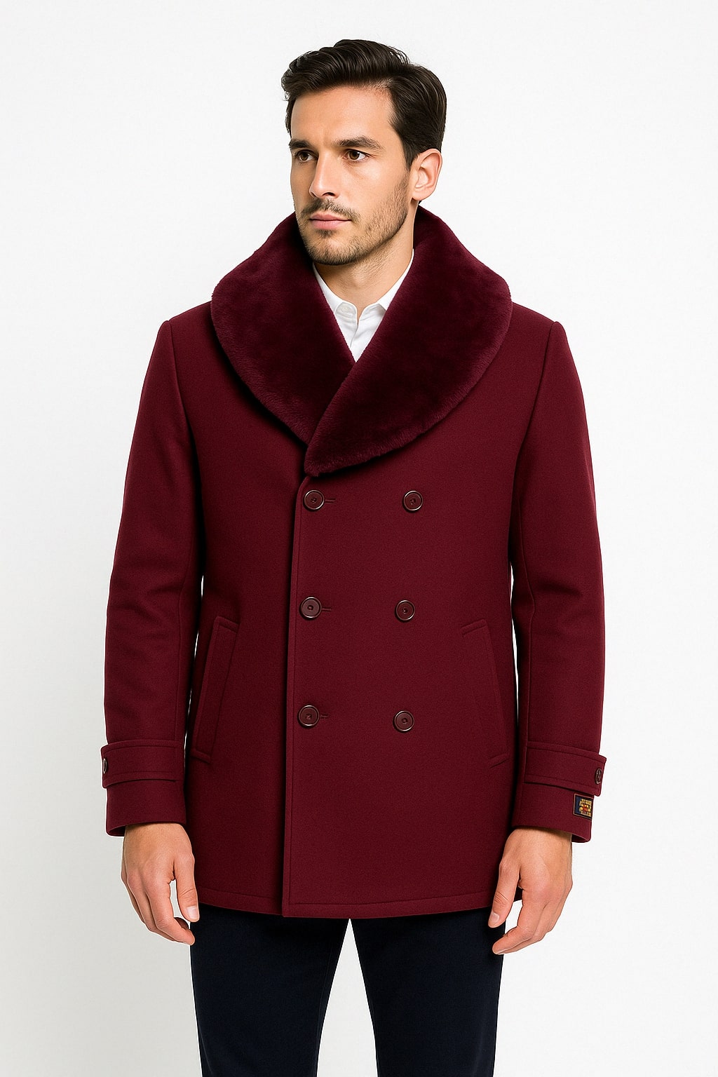 Burgundy Double-Breasted Overcoat with Faux Fur Collar