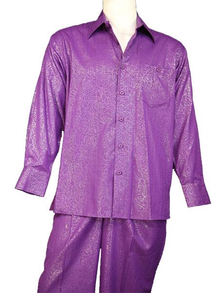 Men's Button Fastening Metallic Geometric Design Casual Two Piece Walking Outfit For Sale Pant Sets Suit