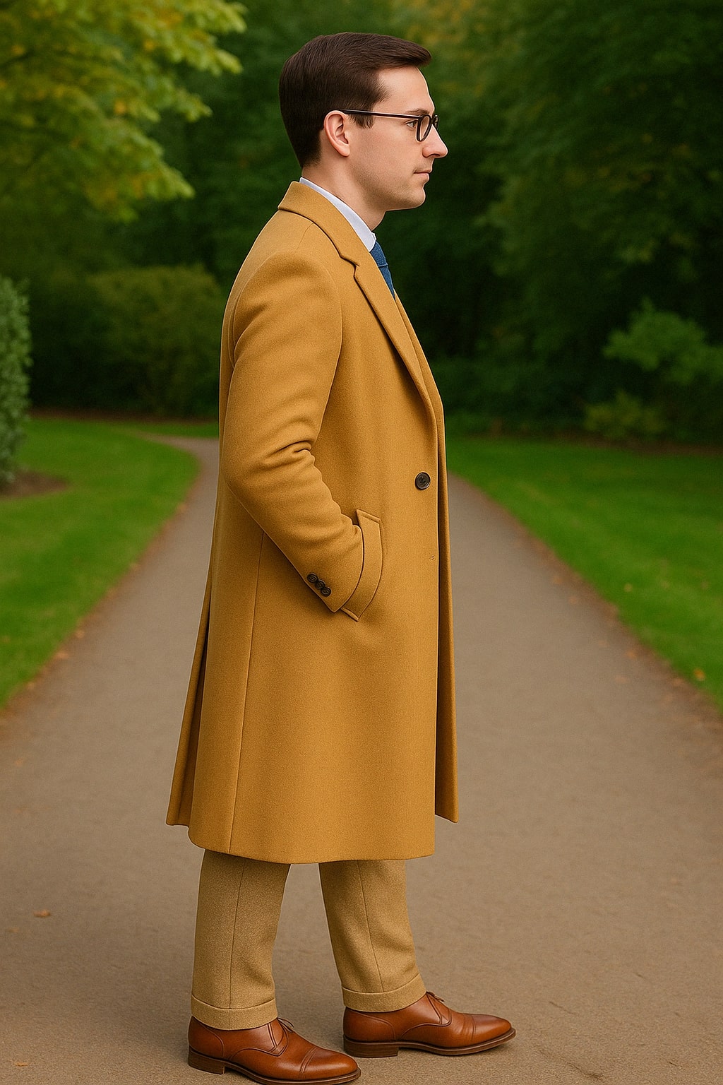 Men's Camel Overcoat & Beige Tweed Suit Set