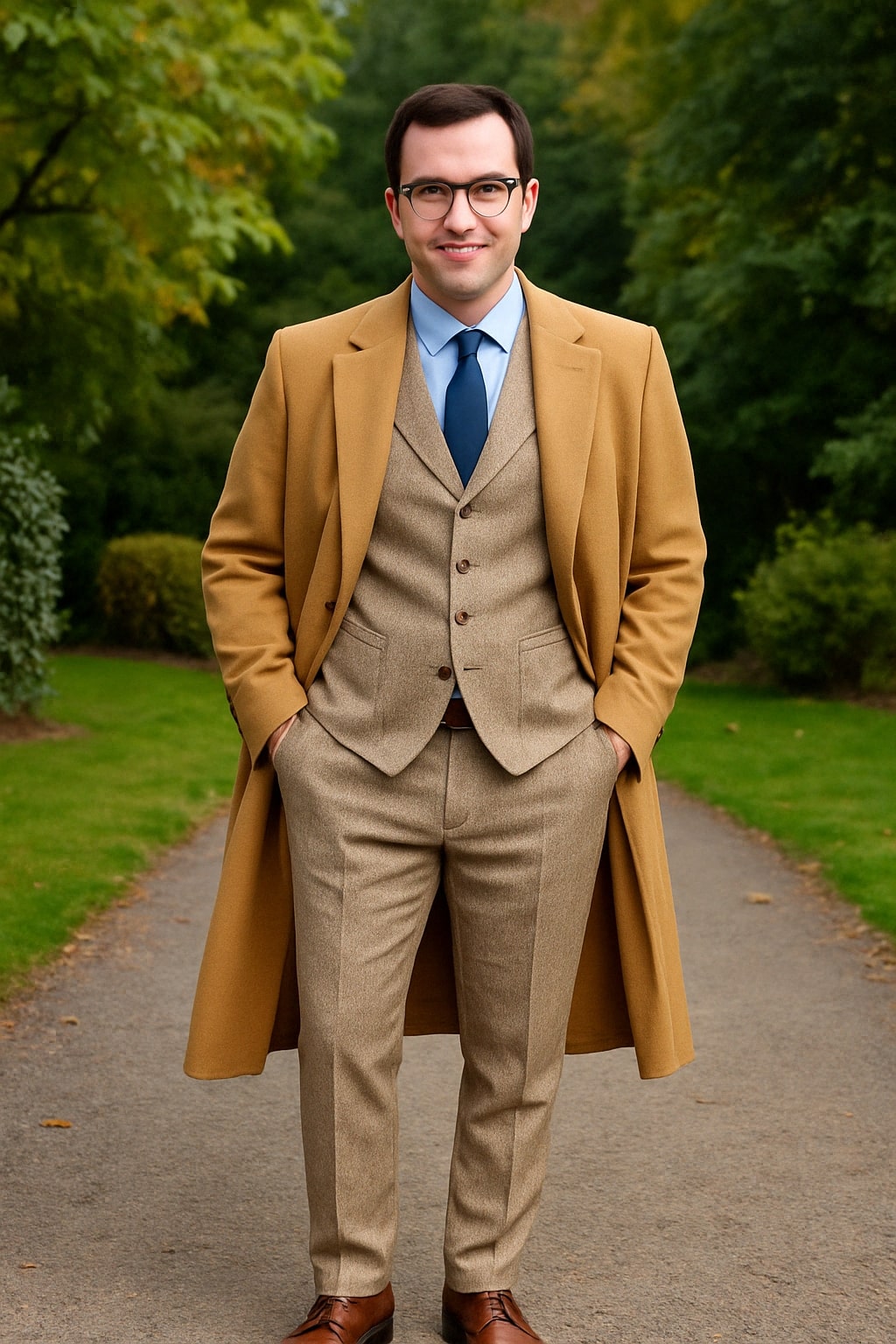 Men's Camel Overcoat & Beige Tweed Suit Set