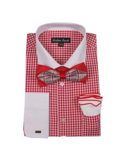 Men's Checks Shirt Red French Cuff With White Collared Contrast High Fashion Bowtie And Handkerchief White Collar Two Toned Contrast
