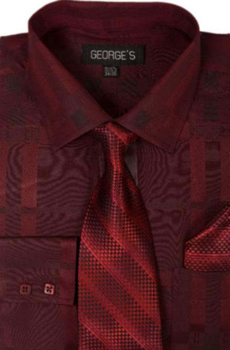 Cotton Geometric Pattern Dress Shirt with Tie and Handkerchief Burgundy ~ Wine ~ Maroon Color Men's Dress Shirt