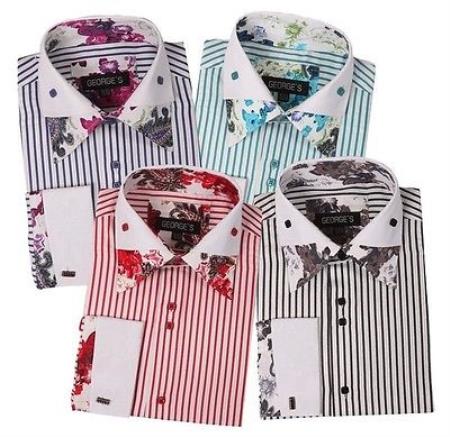 Poly Cotton Floral Design Striped French Cuff Classic Fit Multi-Color Men's Dress Shirt
