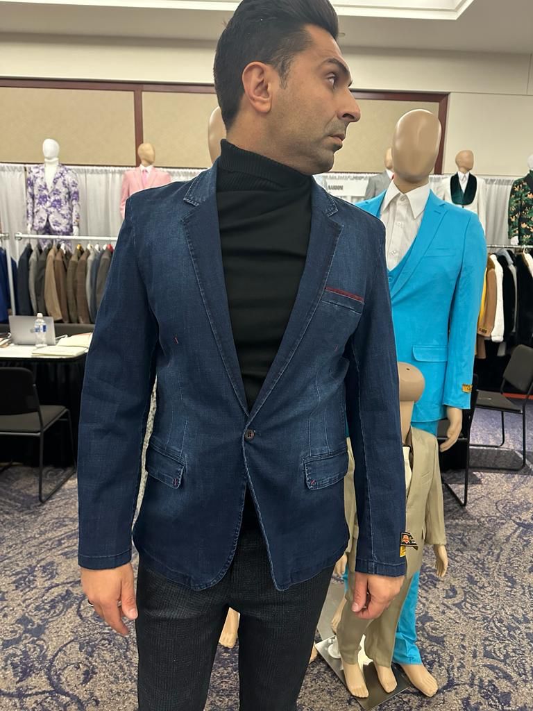 Dark Blue Denim Blazer - Notch Lapel, Single Button
