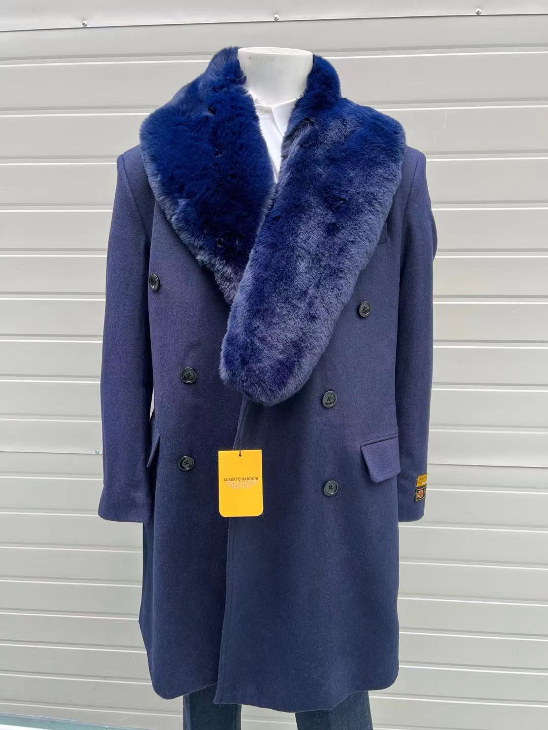 Double-Breasted Navy Overcoat with Plush Blue Fur