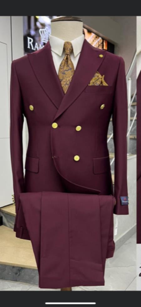 Double Breasted Burgundy Suit with Gold Buttons