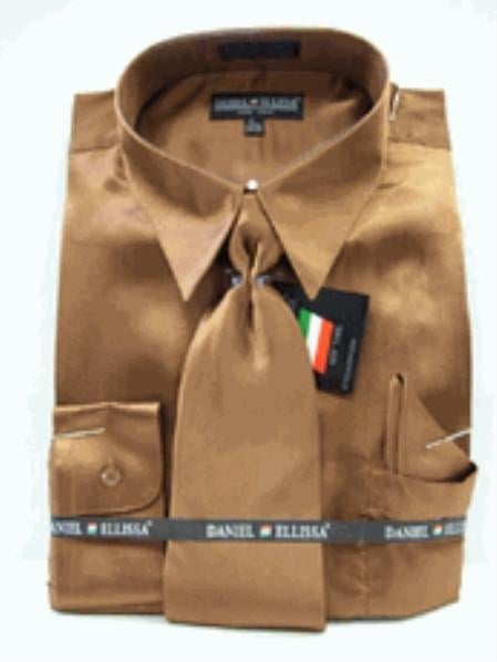Fashion Cheap Priced Sale Men's New Copper ~ Rust Satin Dress Shirt Combinations Set Shiny Light Brown Tie Combo Shirts Men's Dress Shirt