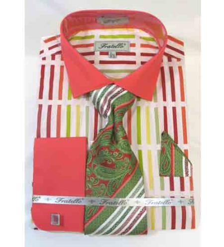 Fratello Stripe Multi Pattern French Cuff Dress Shirt Coral Multi Melon ~ Peach ~ Salmon color Men's Dress Shirt