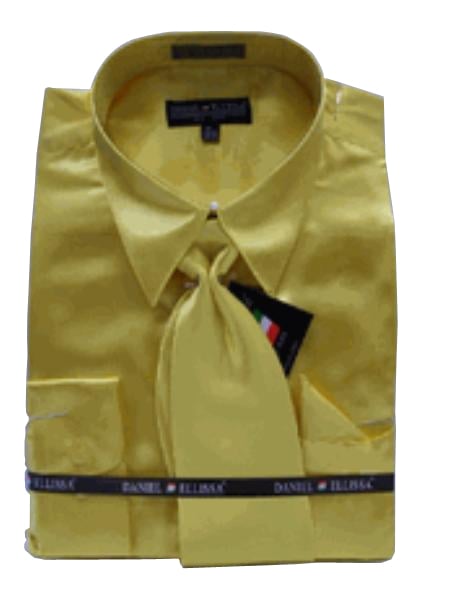 Fashion Cheap Priced Sale Men's New Gold Satin Dress Shirt Combinations SetTie Combo Shirts Men's Dress Shirt