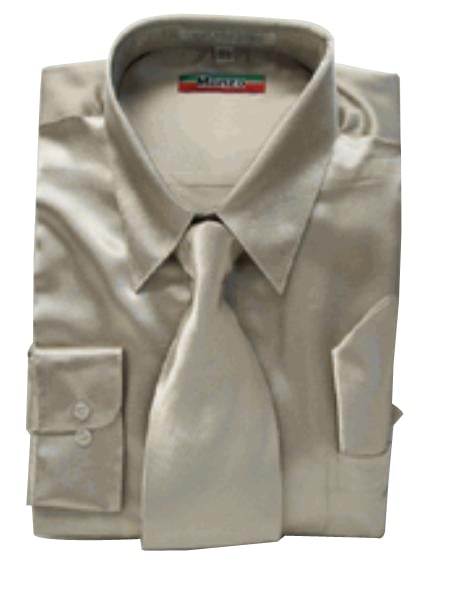 Fashion Cheap Priced Sale Men's New Mezzo Khaki Satin Dress Shirt Combinations Set Tie Combo Shirts Men's Dress Shirt