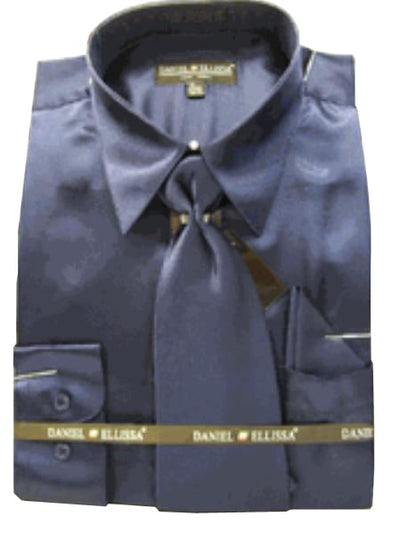 Fashion Cheap Priced Sale Men's New Navy Satin Dress Shirt Combinations Set Tie Combo Shirts Men's Dress Shirt