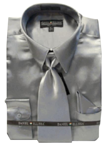Fashion Cheap Priced Sale Men's New Silver Satin Dress Shirt Combinations Set Tie Combo Shirts Men's Dress Shirt