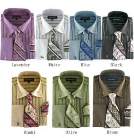 Classic Strip Set, W/ Tie And Handkerchief - 7 colors Men's Dress Shirt With Tie