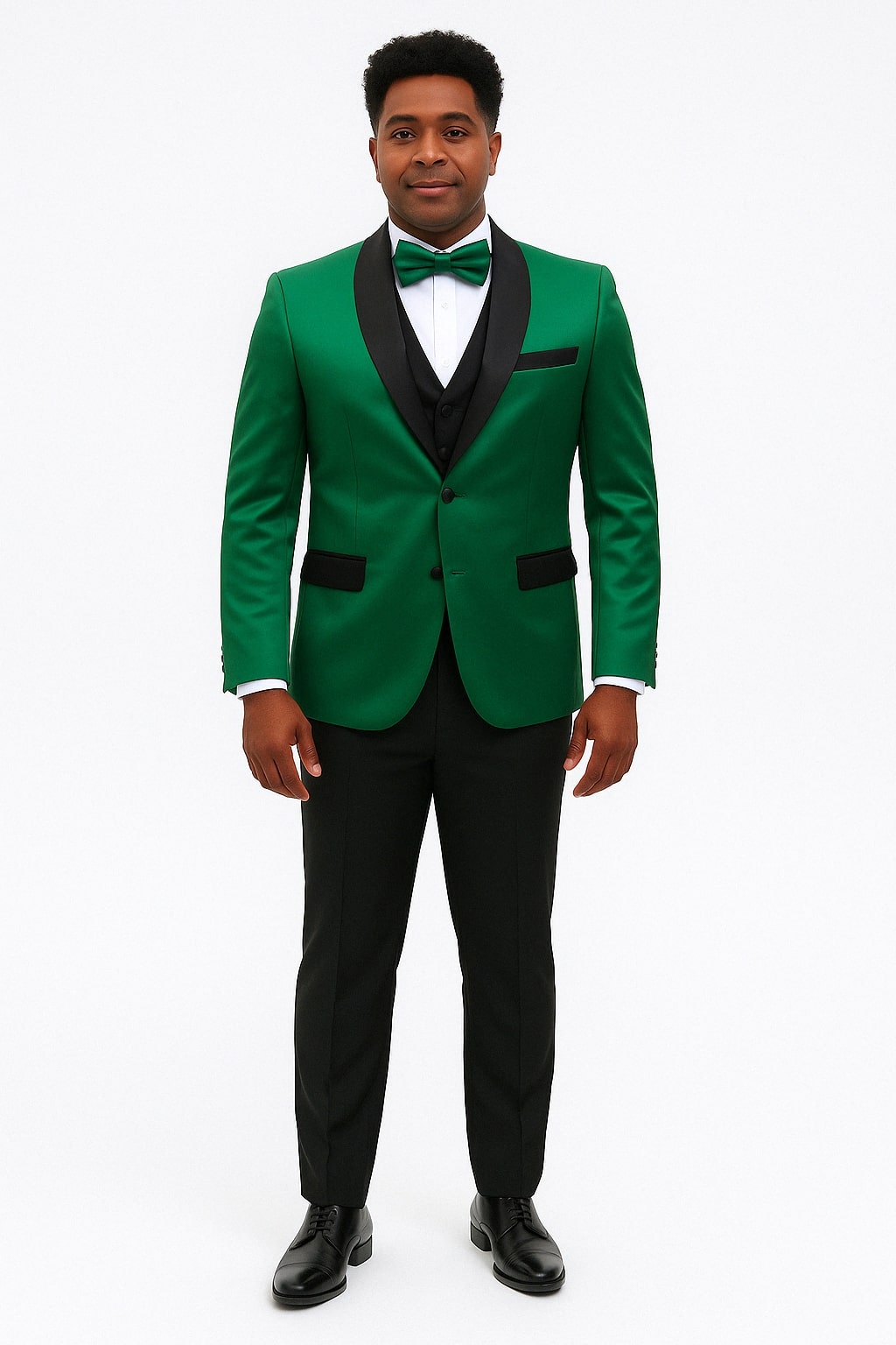 Mens Emerald Green Satin Tuxedo with Black Peak Lapel and Bow Tie β Formal Slim Fit Suit