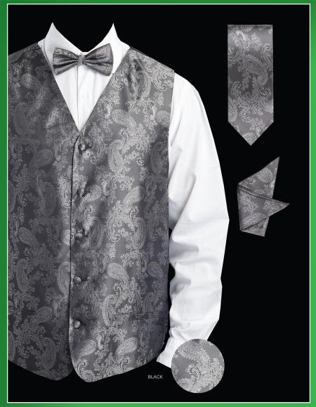 Men's 4 Piece Groomsmen Dress Tuxedo Wedding Vest ~ Waistcoat ~ Waist coat Set (Bow Tie, Neck Tie, Hanky) - Shiny P A I S L E Y Jacquard Black - Men's Neck Ties - Mens Dress Tie - Trendy Mens Ties