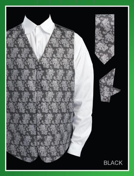Men's 4 Piece Groomsmen Dress Tuxedo Wedding Vest ~ Waistcoat ~ Waist coat Set (Bow Tie, Neck Tie, Hanky) - P A I S L E Y Jacquard Black - Men's Neck Ties - Mens Dress Tie - Trendy Mens Ties
