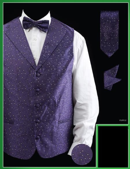 Men's 4 Piece Groomsmen Dress Tuxedo Wedding Vest ~ Waistcoat ~ Waist coat Set (Bow Tie, Neck Tie, Hanky) - Lapelled Groomsmen Vest ~ Waistcoat ~ Waist coat Purple - Men's Neck Ties - Mens Dress Tie - Trendy Mens Ties