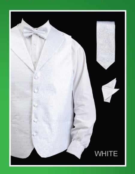Men's 4 Piece Groomsmen Dress Tuxedo Wedding Vest ~ Waistcoat ~ Waist coat Set (Bow Tie, Neck Tie, Hanky) - Lapelled Groomsmen Vest ~ Waistcoat ~ Waist coat White - Men's Neck Ties - Mens Dress Tie - Trendy Mens Ties