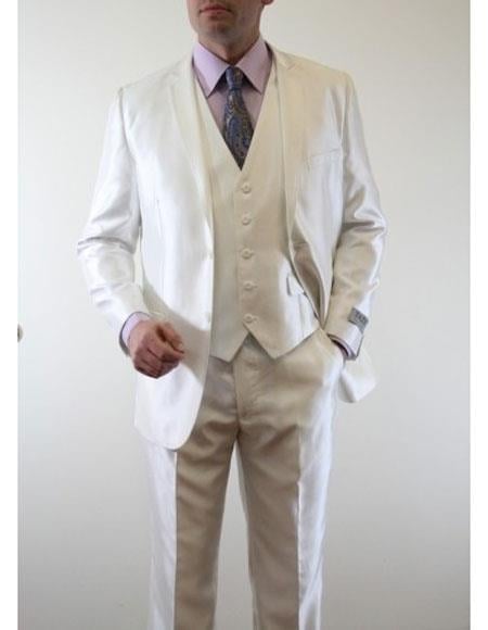 Men's Sharkskin Flashy Metallic Silky Shiny 3 Piece Suit Slim Fit Ivory Suit