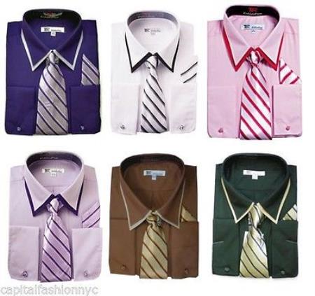 Classic French Cuff With Tie And Handkerchief Style Multi-Color Men's Dress Shirt With Tie