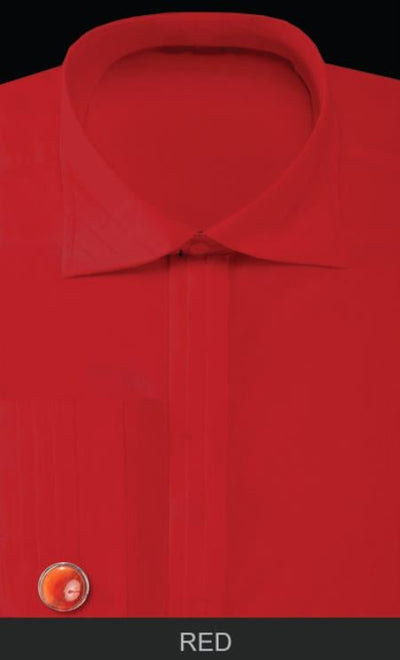 Red rounded cuff link with Solid Pleated Londoner Collar Cotton/poly Men's Dress Shirt