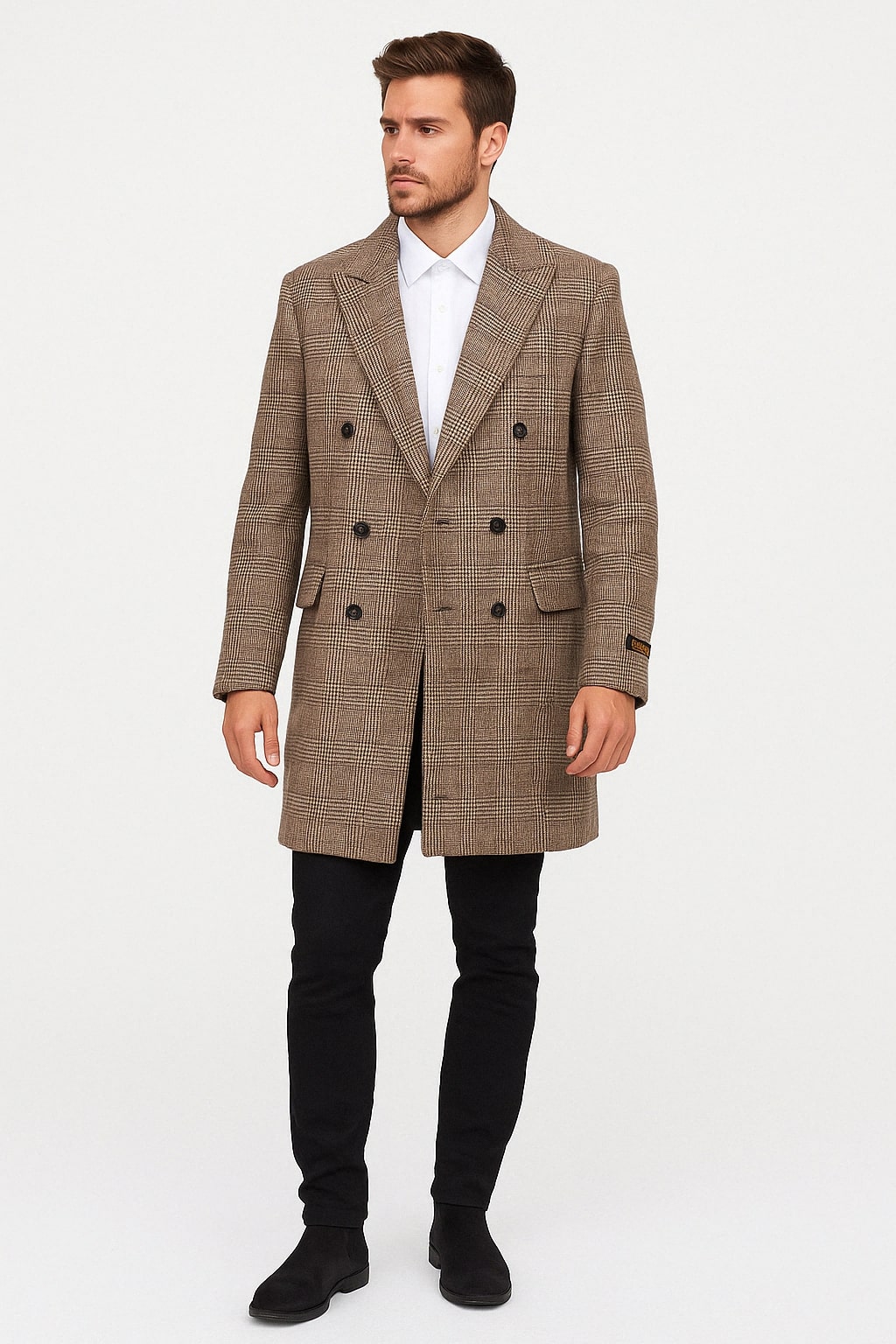 Glen Plaid Double-Breasted Wool Overcoat